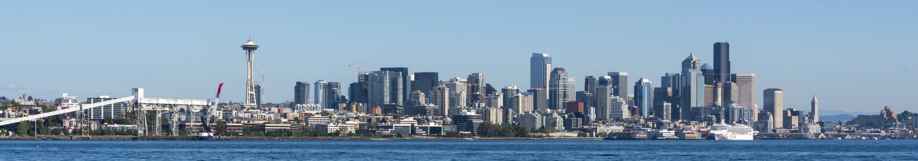 The Seattle skyline seen across Elliott Bay on a clear morning.